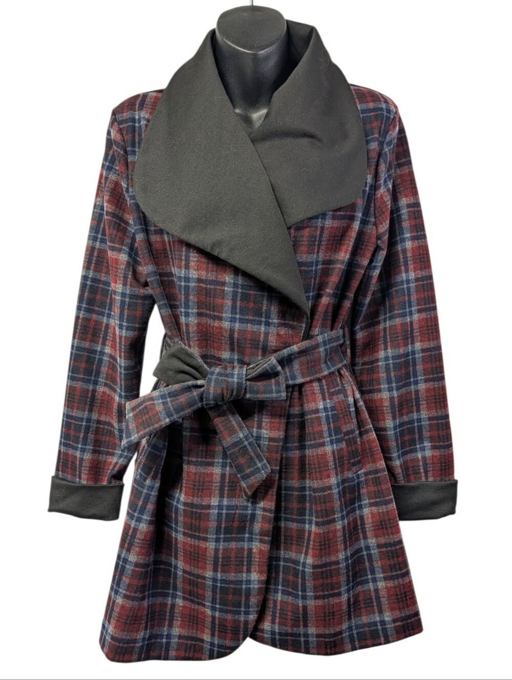 Chocolate USA Womens Plaid Belted Tie Jacket Large Collar Red/Blue/Black Size S